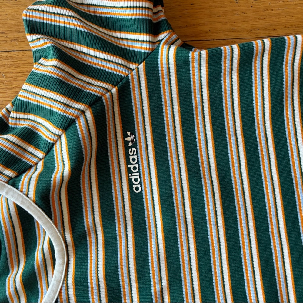 adidas Originals Green White Yellow Striped Crop Top and High-Waist Shorts Set - Picture 5 of 9